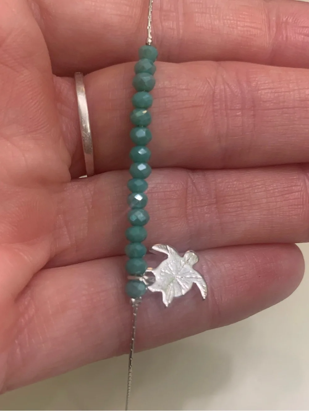 Turquoise Beaded Turtle Anklet Silver Adjustable Beach Dainty Summer Jewelry